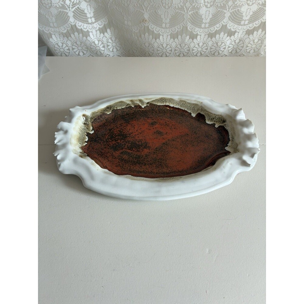 Vintage Studio Art Pottery Ruffled Rim Serving Platter Lava Glaze MCM Brutalist